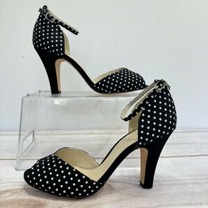ModCloth Chelsea Crew Lola Black & White Polka Dot Peep Toe Ankle Strap Heels